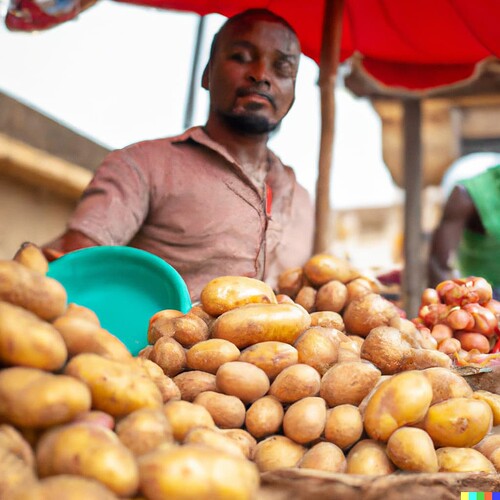 DALL·E 2023-05-26 11.13.43 - picture of stand with potatoes on the outdoor market, seller is in the background slightly blurred